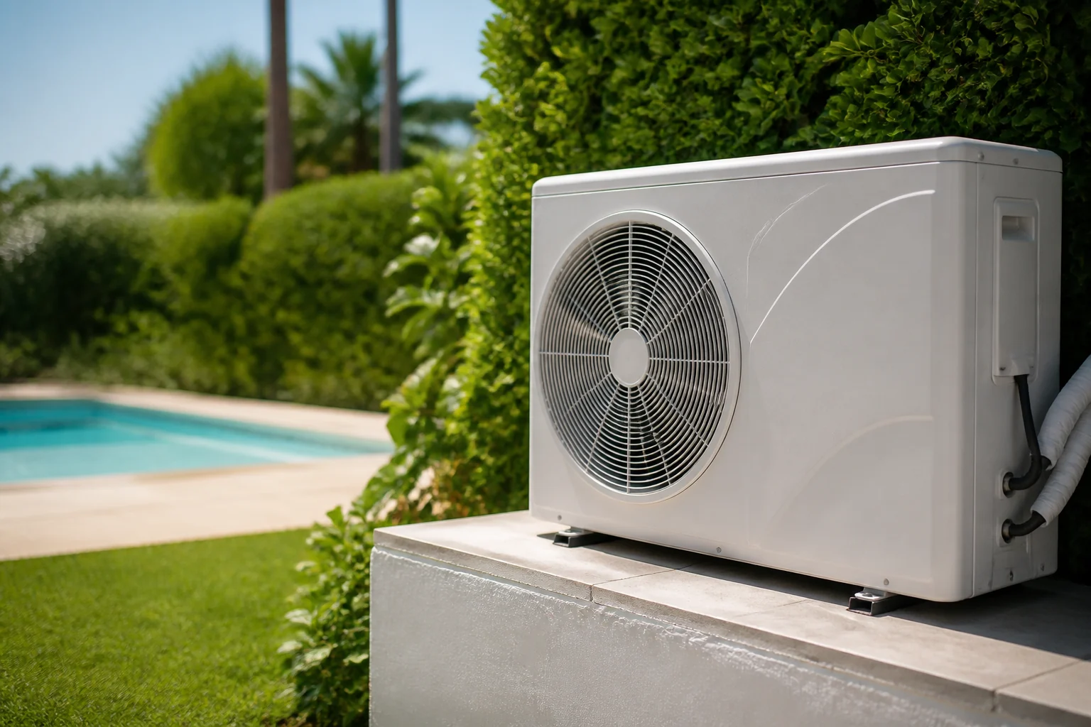Bomba de calor para piscina instalada junto al jardín