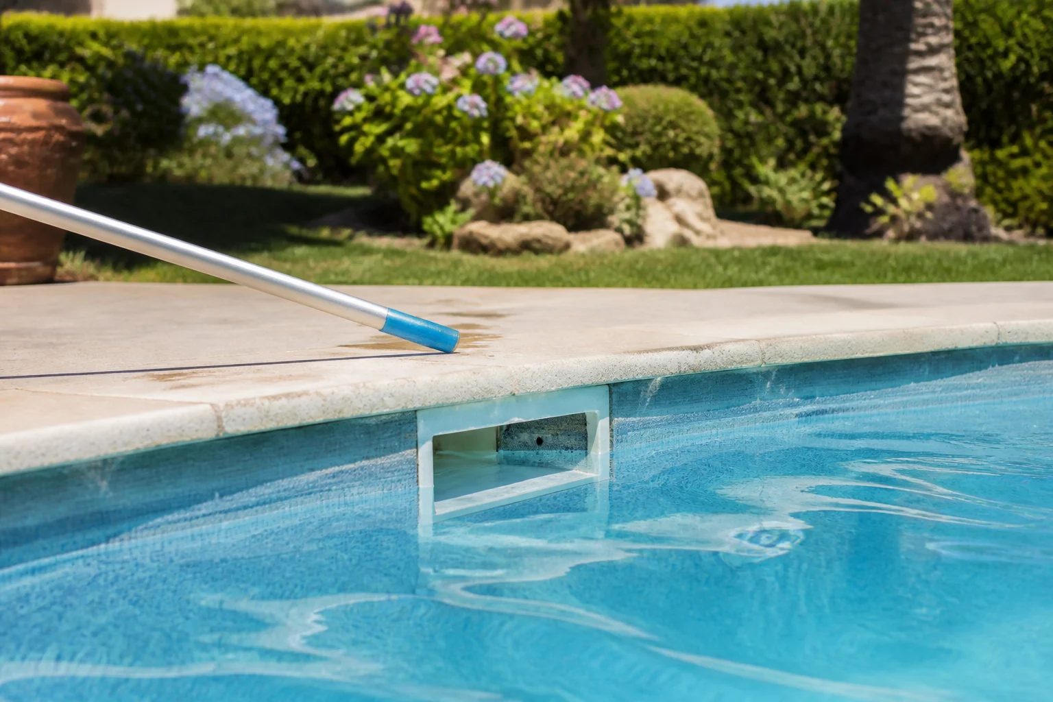Skimmer y pértiga de limpiafondos en el borde de una piscina cristalina