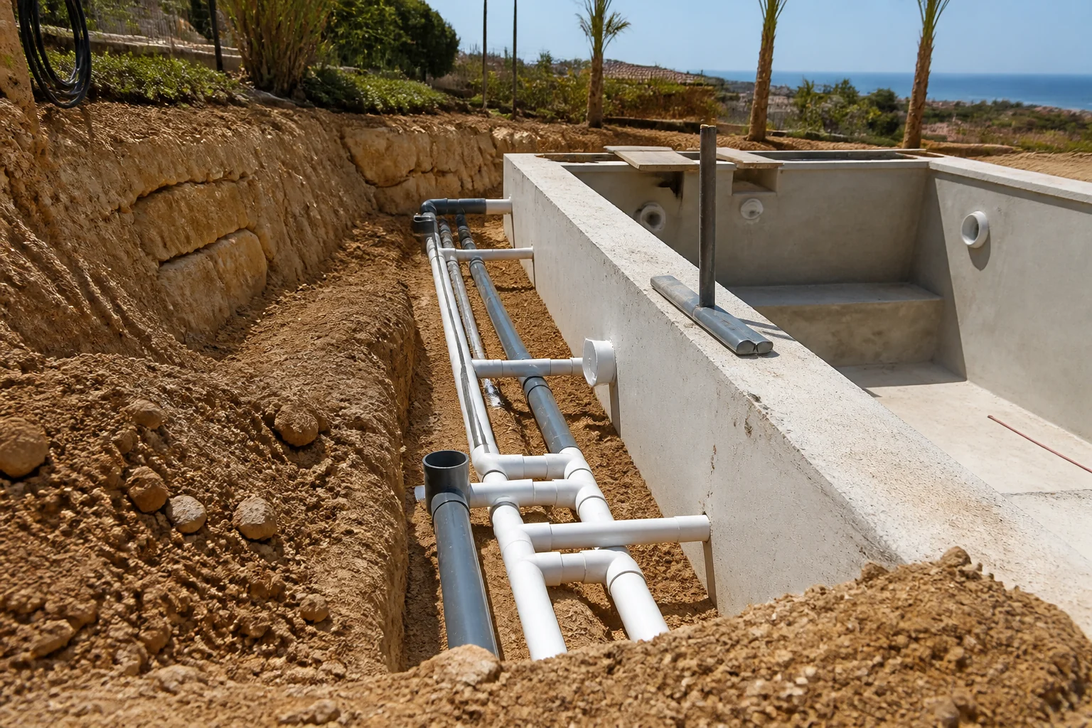 Preinstalación de tubería de PVC junto al vaso de una piscina en obra