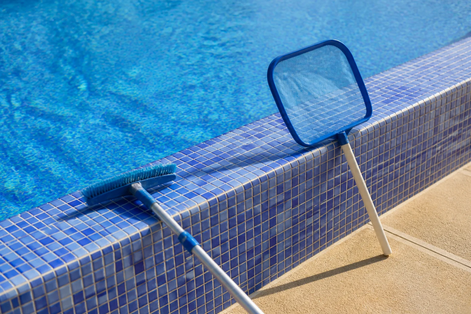 Recogehojas apoyado en el borde de la piscina durante la limpieza