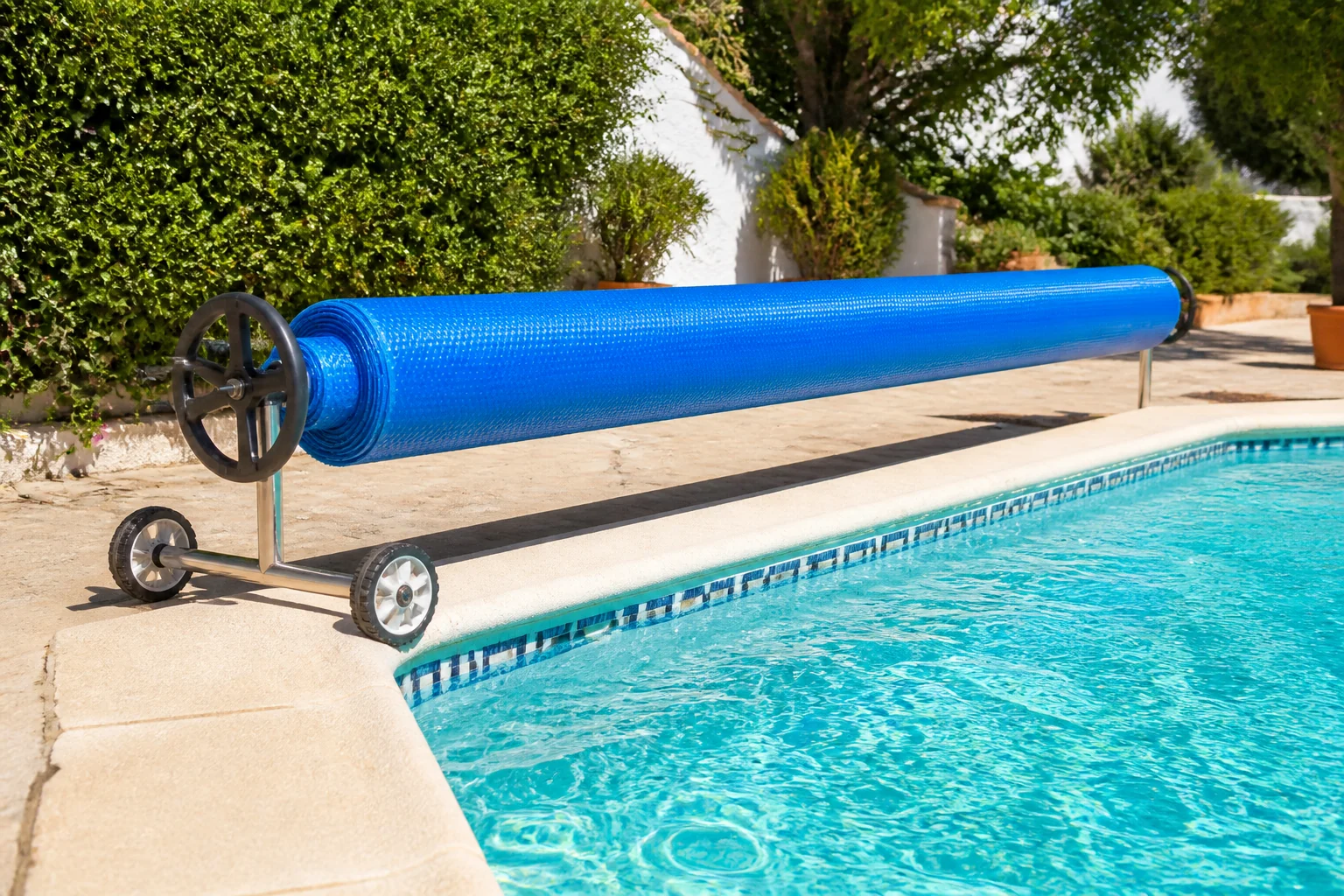 Manta térmica enrollada junto a una piscina climatizada