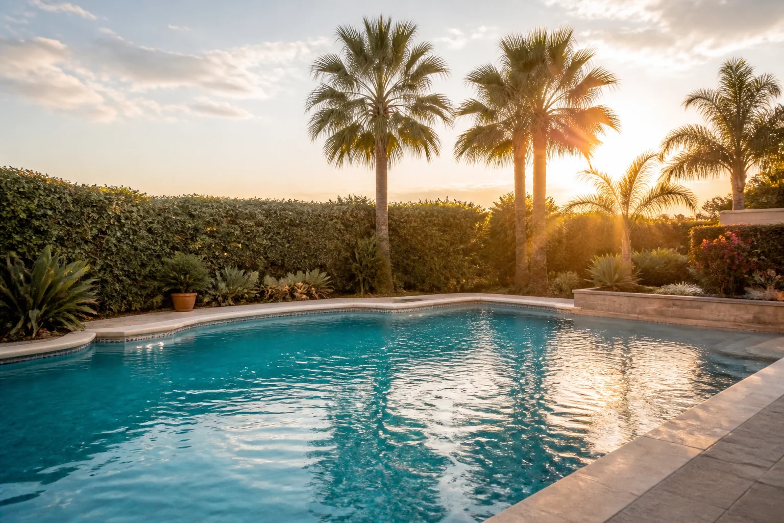 Piscina de agua turquesa con la luz del atardecer
